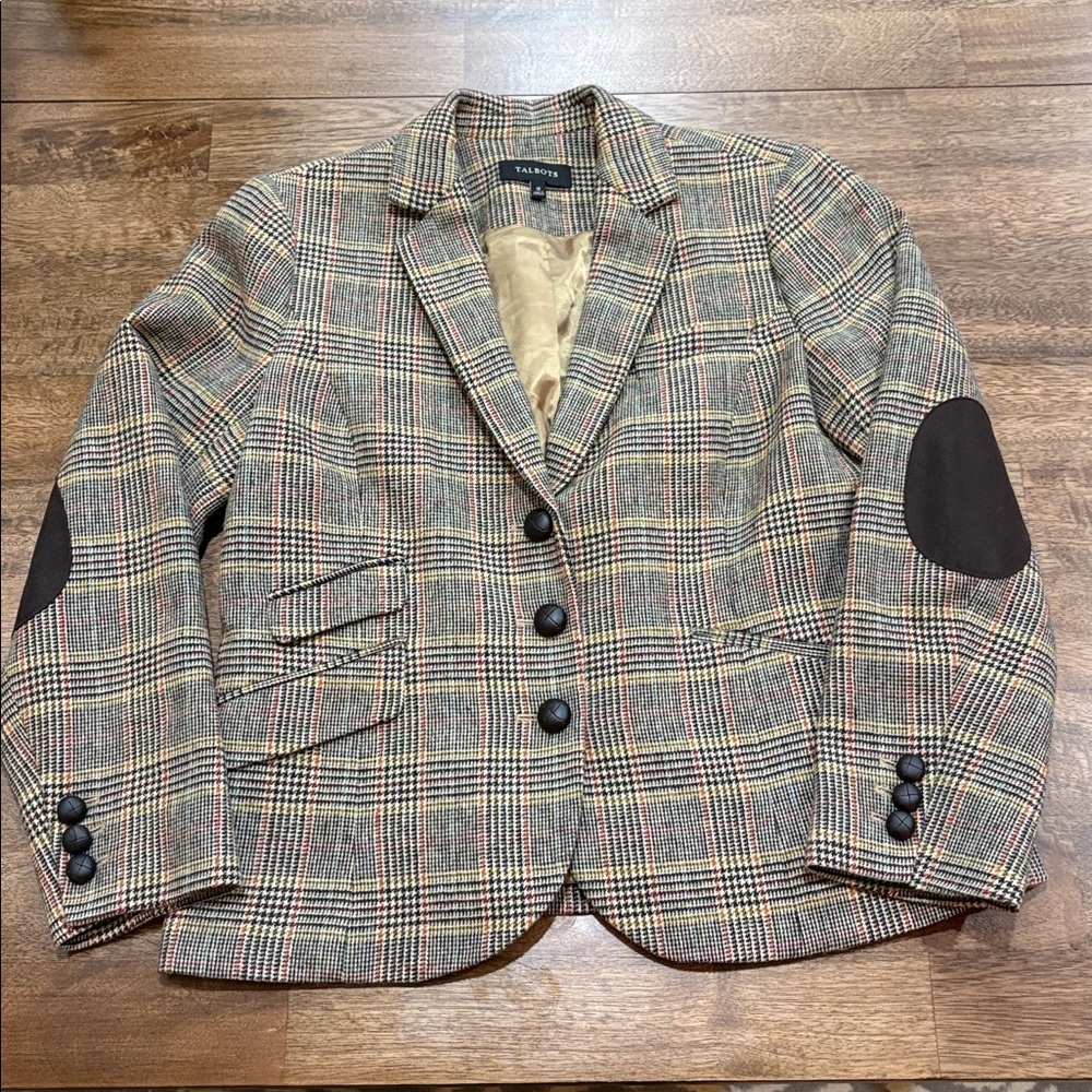 Talbots Wool Blend Elbow Patch Plaid Blazer Coat Sz. 12 Equestrian style
